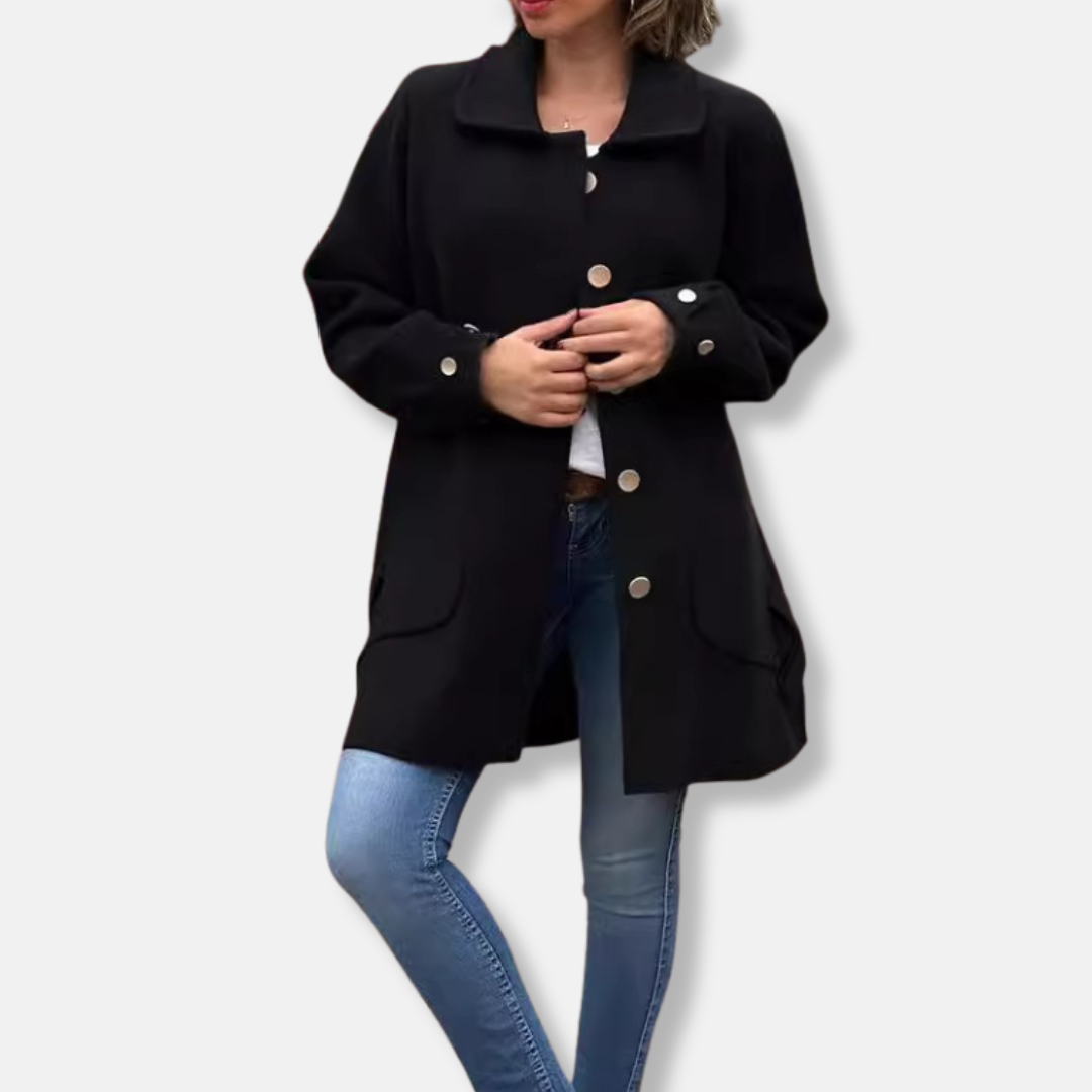Women’s Long Coat – Wool Feel – Relaxed Fit – Single-Breasted with Decorative Buttons 1