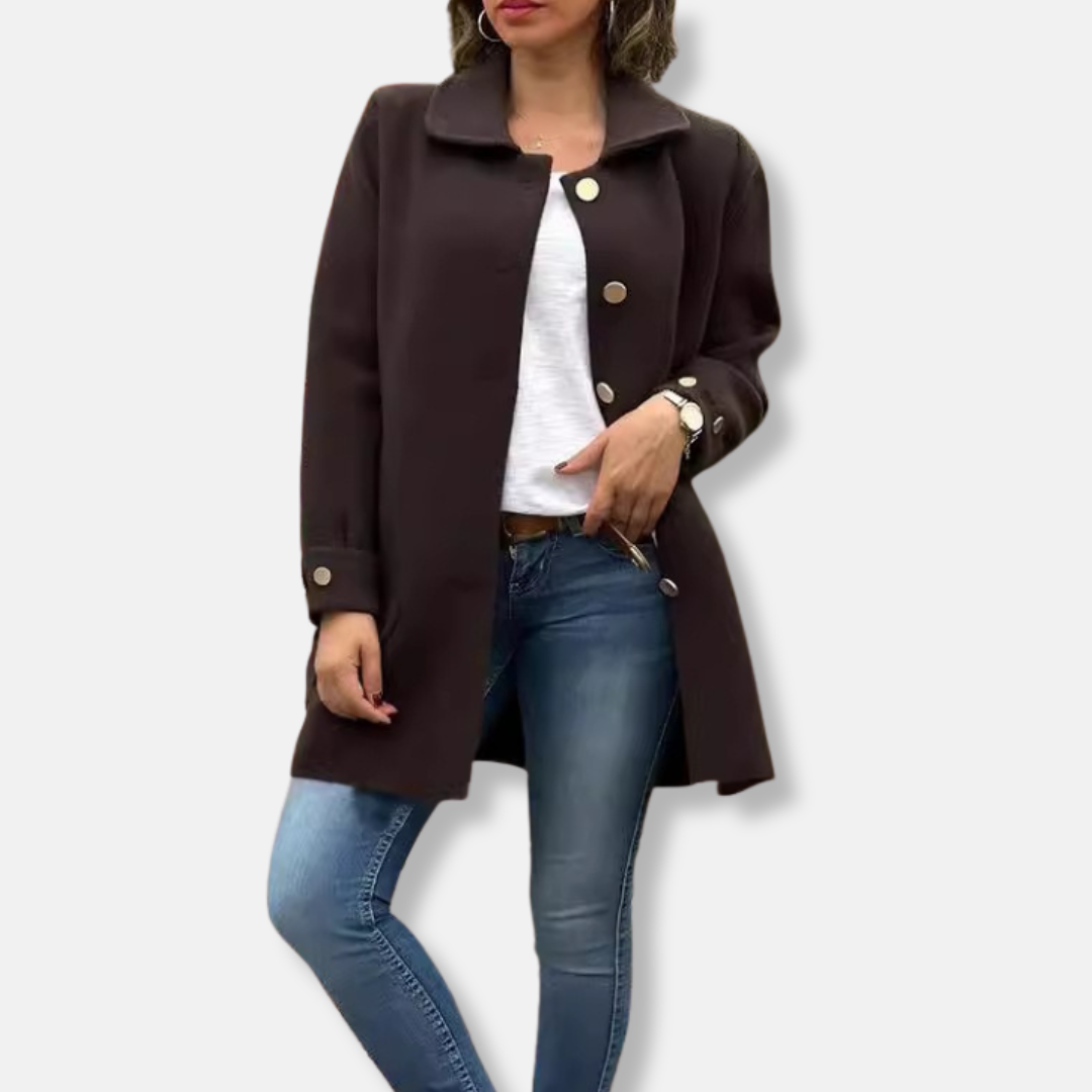 Women’s Long Coat – Wool Feel – Relaxed Fit – Single-Breasted with Decorative Buttons 2