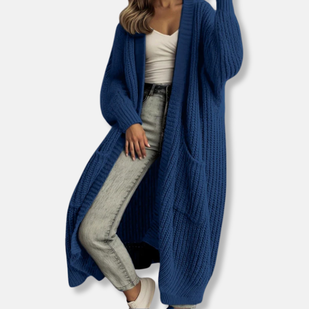Women’s Long Knit Cardigan – Oversized Fit – Chunky Ribbed – Open Front with Pockets 1