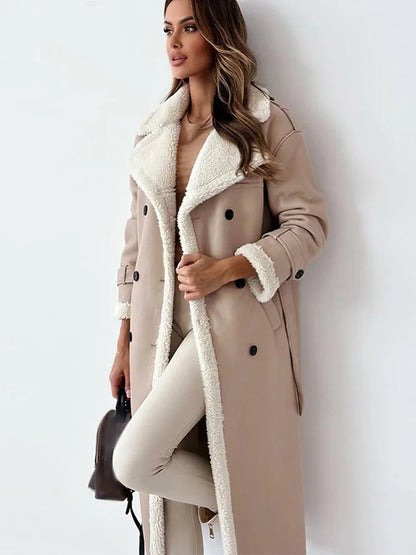 Women’s Long Shearling-Trim Coat – Double-Breasted Design with Layer-Friendly Fit 0