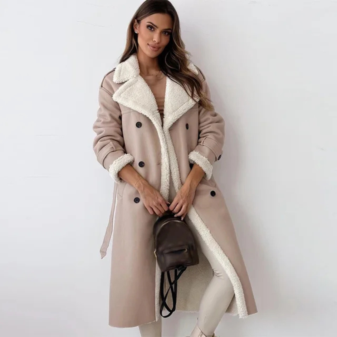 Women’s Long Shearling-Trim Coat – Double-Breasted Design with Layer-Friendly Fit 1