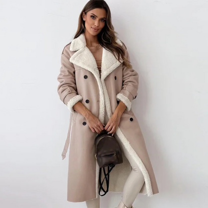 Women’s Long Shearling-Trim Coat – Double-Breasted Design with Layer-Friendly Fit 1