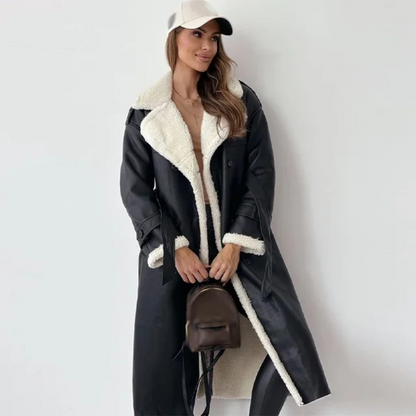 Women’s Long Shearling-Trim Coat – Double-Breasted Design with Layer-Friendly Fit 2