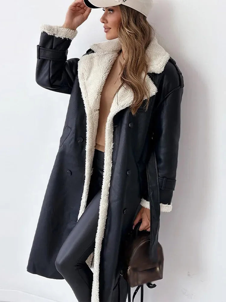 Women’s Long Shearling-Trim Coat – Double-Breasted Design with Layer-Friendly Fit 3