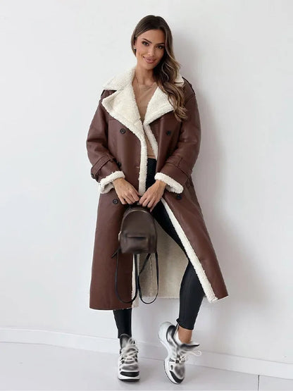 Women’s Long Shearling-Trim Coat – Double-Breasted Design with Layer-Friendly Fit 6