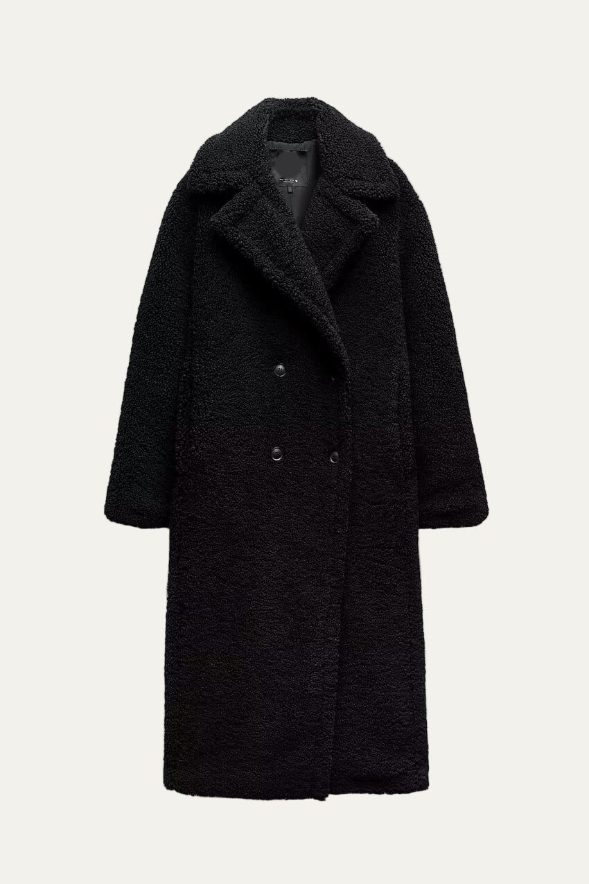 Women’s Long Teddy Coat – Double-Breasted Winter Outerwear with Lapel Collar 0