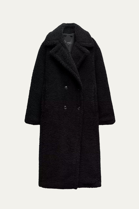 Women’s Long Teddy Coat – Double-Breasted Winter Outerwear with Lapel Collar 0