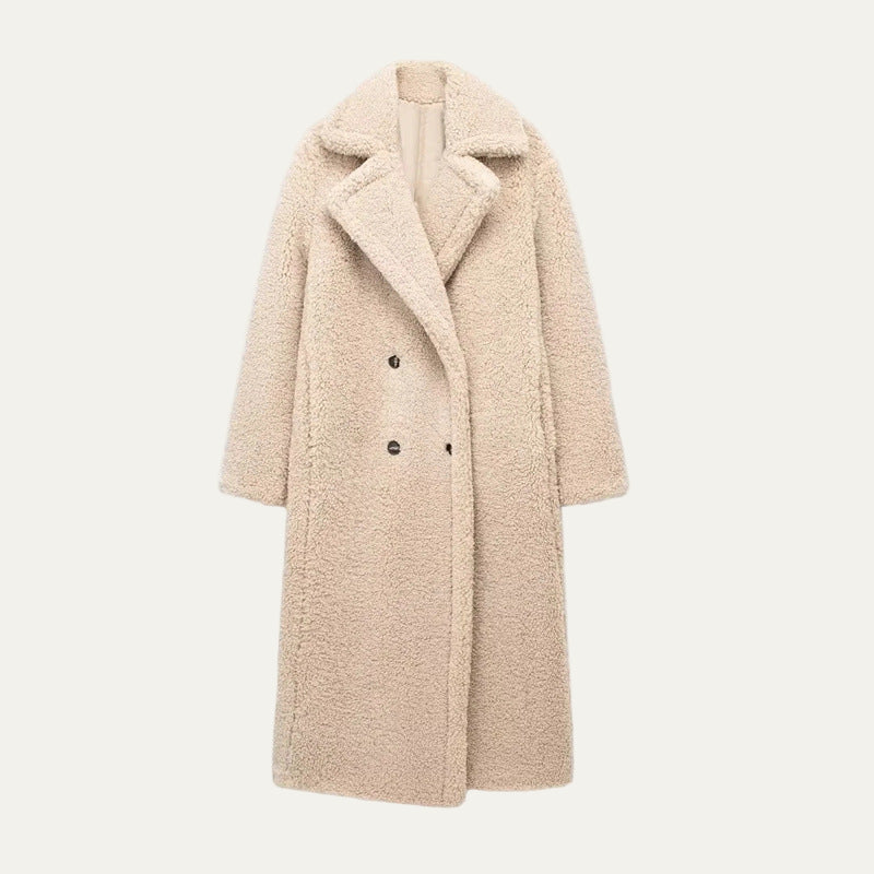 Women’s Long Teddy Coat – Double-Breasted Winter Outerwear with Lapel Collar 3