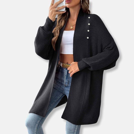 Women’s Longline Cardigan – Chunky Ribbed Knit – Shawl Collar – Pearl Button Accent – Loose Fit 0