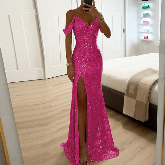 Chic Cold Shoulder Evening Dress with High Cut - VogeLuxe