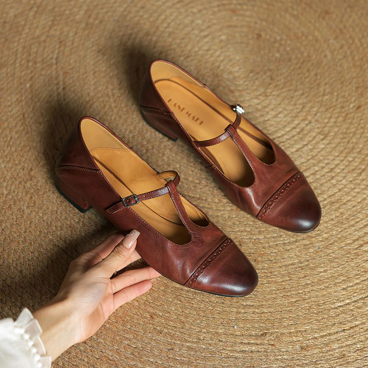 VogeLuxe | Women’s British Style T-Strap Leather Flats