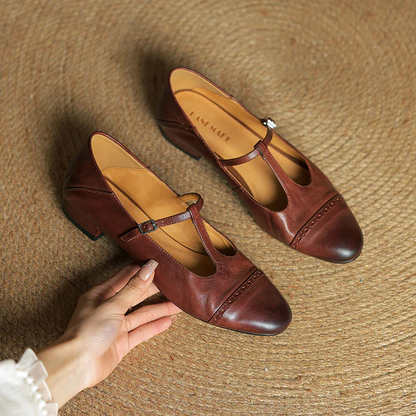 VogeLuxe | Women’s British Style T-Strap Leather Flats