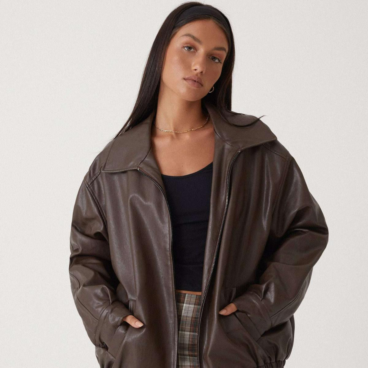 Relaxed Fit Women's Leather Biker Jacket - VogeLuxe