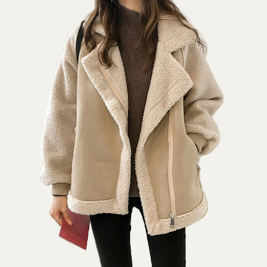 Women’s Oversized Suede Zip Jacket – Warm Teddy-Look 0