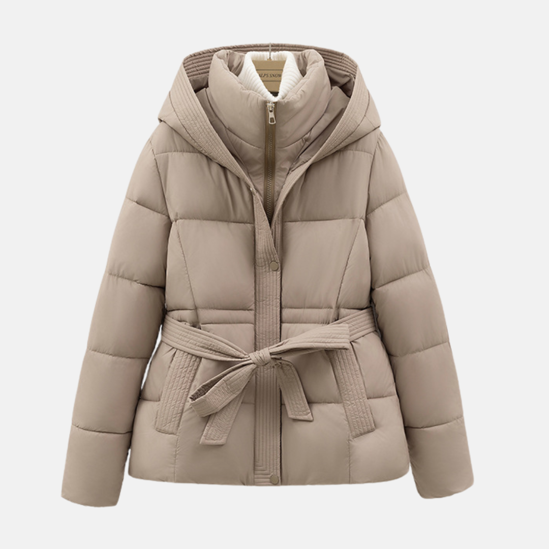 Women’s Padded Coat – Slim Fit – Quilted Insulation – Hooded with Tie Waist 0