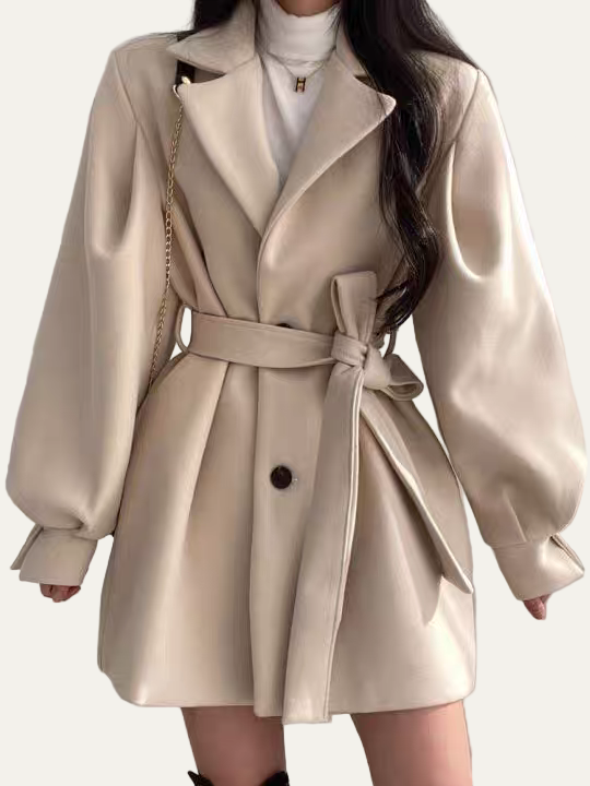 Women’s Puff Sleeve Belted Coat – Lapel Collar, Short Length 0