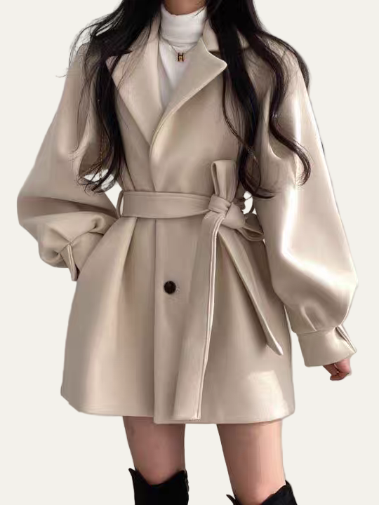Women’s Puff Sleeve Belted Coat – Lapel Collar, Short Length 1