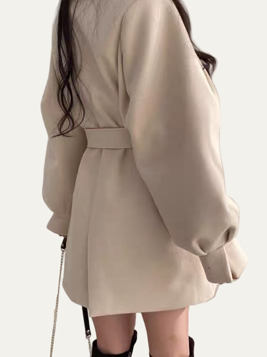 Women’s Puff Sleeve Belted Coat – Lapel Collar, Short Length 3