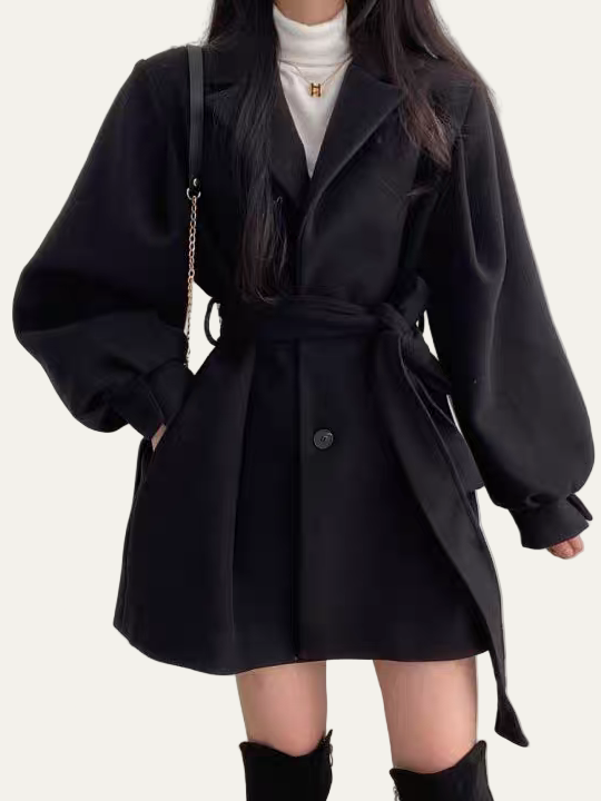 Women’s Puff Sleeve Belted Coat – Lapel Collar, Short Length 4