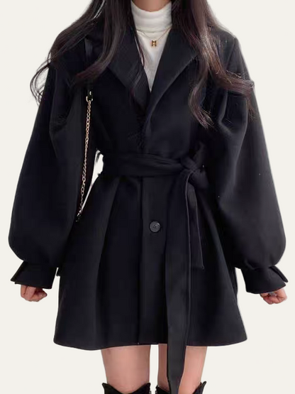 Women’s Puff Sleeve Belted Coat – Lapel Collar, Short Length 5