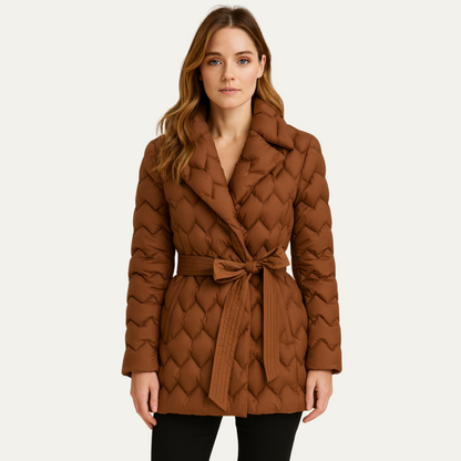 Women’s Puffer Jacket – Quilted Design – Belted Waist – Elegant Fit 0