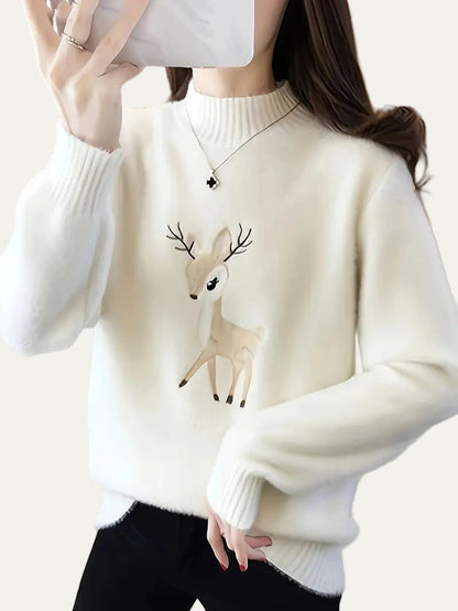 Women’s Reindeer Embroidered Half-Turtleneck Sweater 0