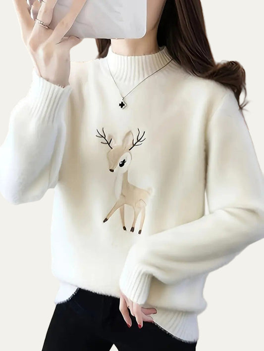 Women’s Reindeer Embroidered Half-Turtleneck Sweater 0