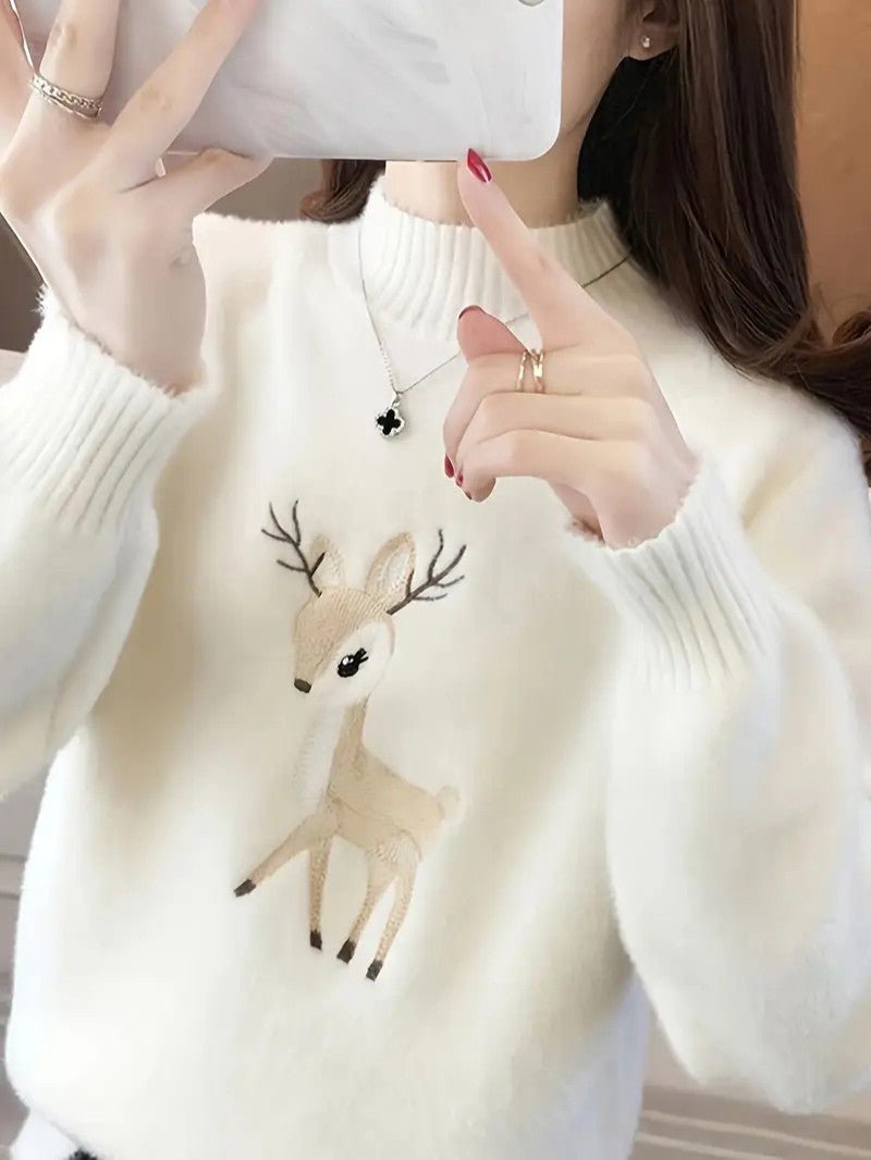 Women’s Reindeer Embroidered Half-Turtleneck Sweater 1