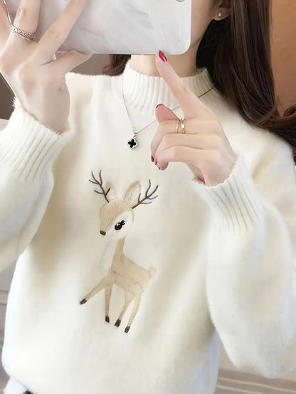 Women’s Reindeer Embroidered Half-Turtleneck Sweater 1