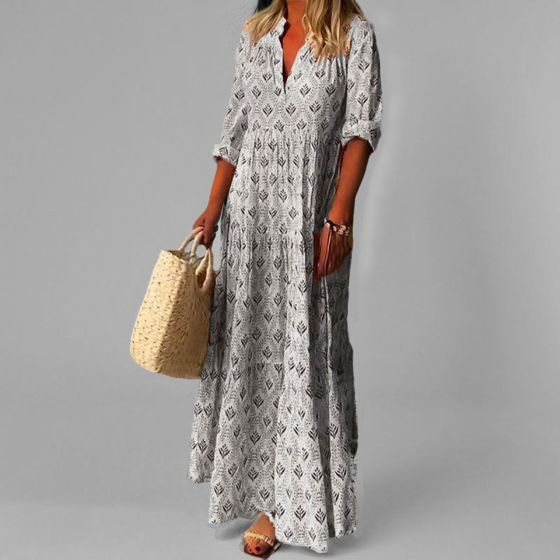 Ladies Floral Long V Neck Dress