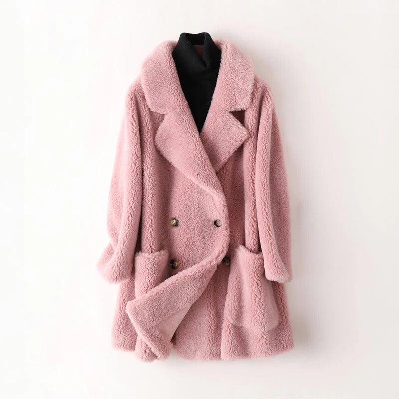 Women’s Shearling Coat – Oversized Fit – Double-Breasted – Notched Lapel – Mid Length 3