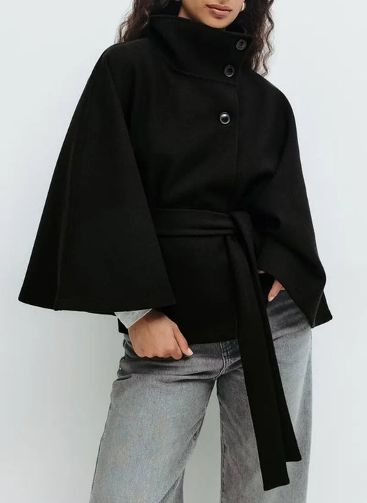 Women’s Short Cape Coat – Funnel Neck, Belted Waist, Cape Sleeves 0
