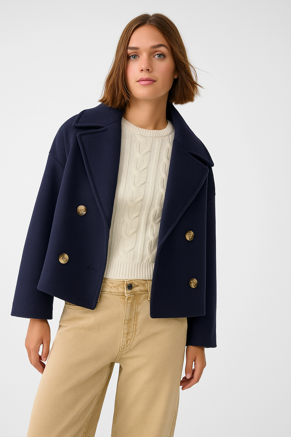 Women’s Short Coat – Wide Lapels, Two-Row Button Front, Cropped Boxy Fit 7