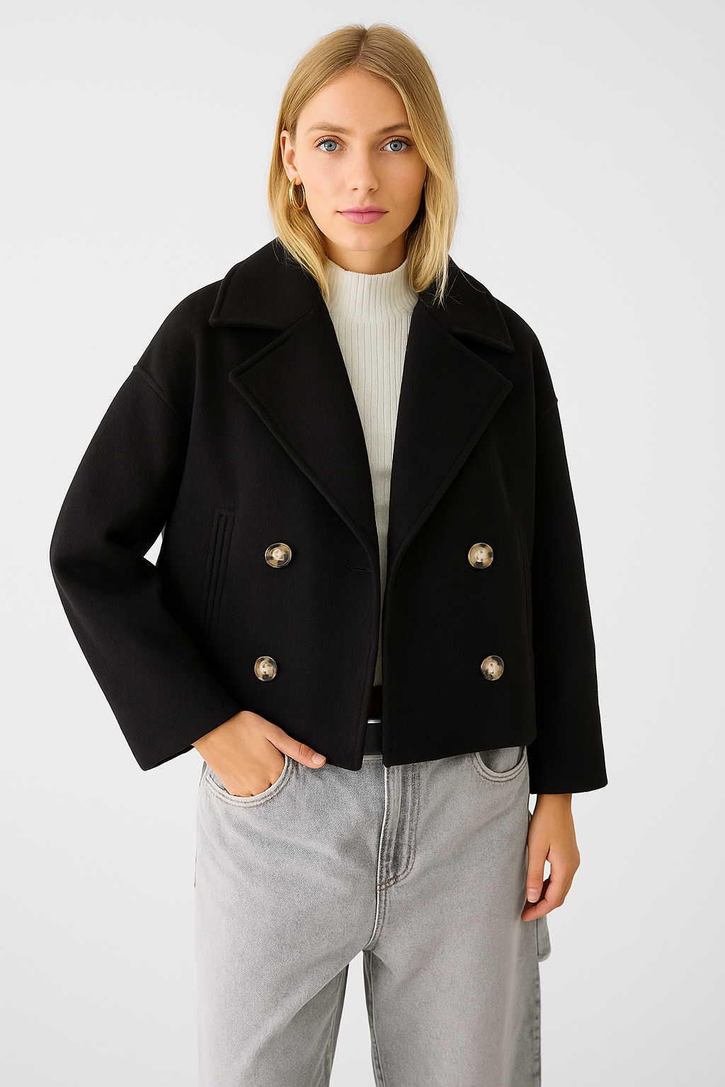 Women’s Short Coat – Wide Lapels, Two-Row Button Front, Cropped Boxy Fit 8