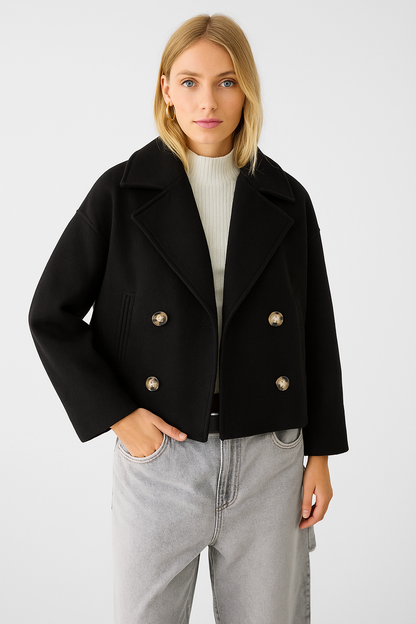 Women’s Short Coat – Wide Lapels, Two-Row Button Front, Cropped Boxy Fit 8