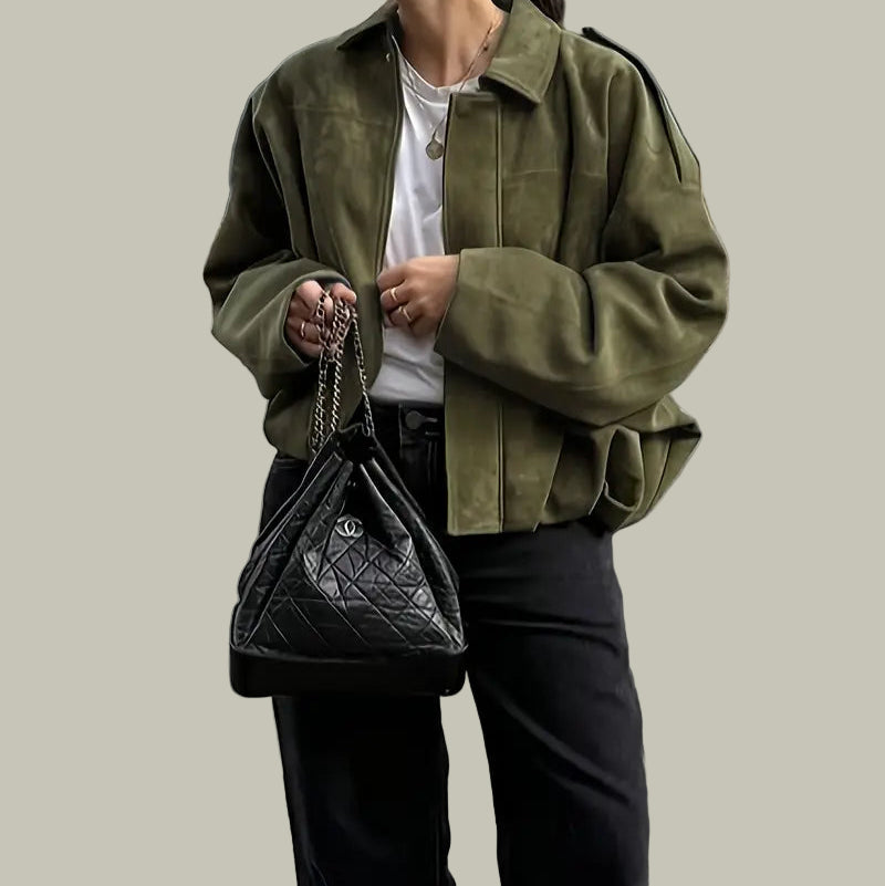 Women’s Short Jacket – Faux Suede, Oversized, Elasticated Hem 1