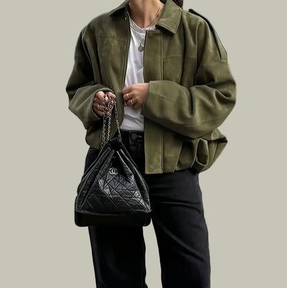 Women’s Short Jacket – Faux Suede, Oversized, Elasticated Hem 1