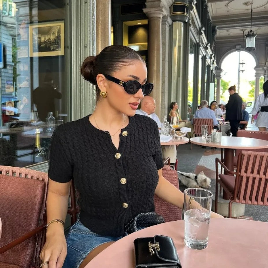 Women's Short Sleeve Knitted Cardigan with Button Closure