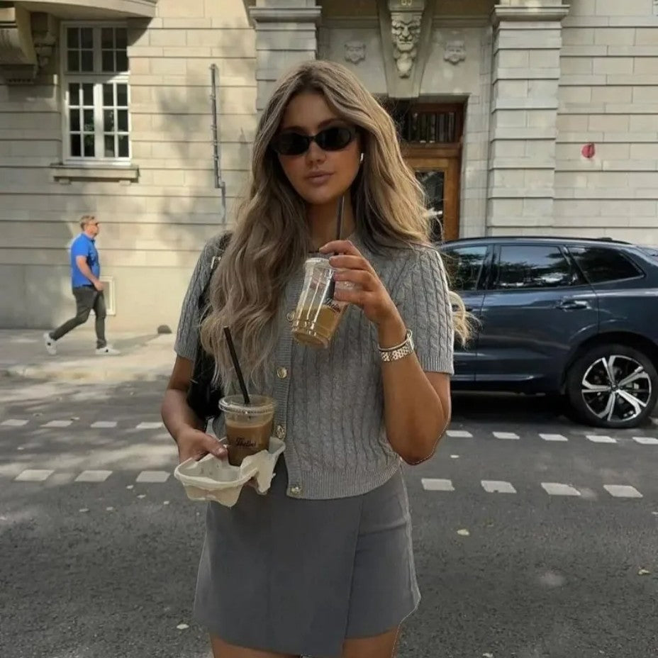 Women's Short Sleeve Knitted Cardigan with Button Closure