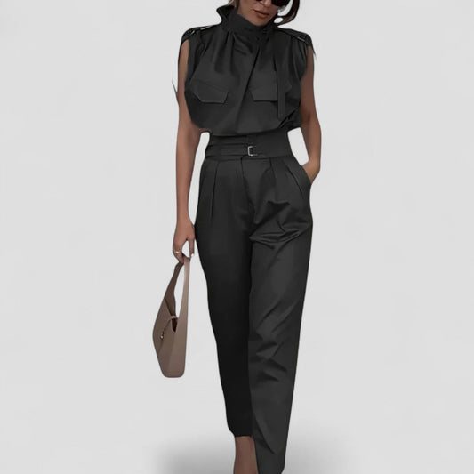 Women’s Sleeveless Belted Jumpsuit with Pockets