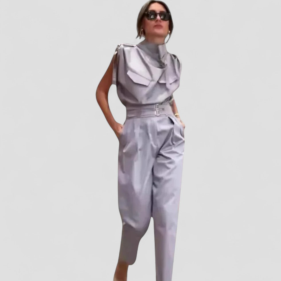 Women’s Sleeveless Belted Jumpsuit with Pockets