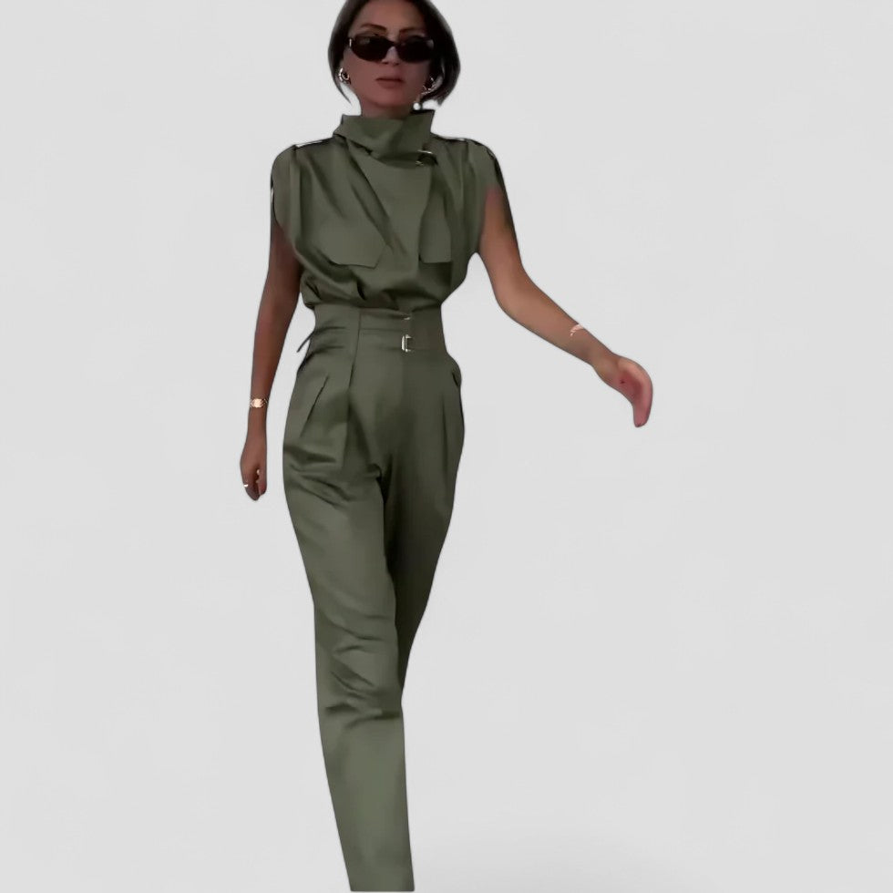 Women’s Sleeveless Belted Jumpsuit with Pockets