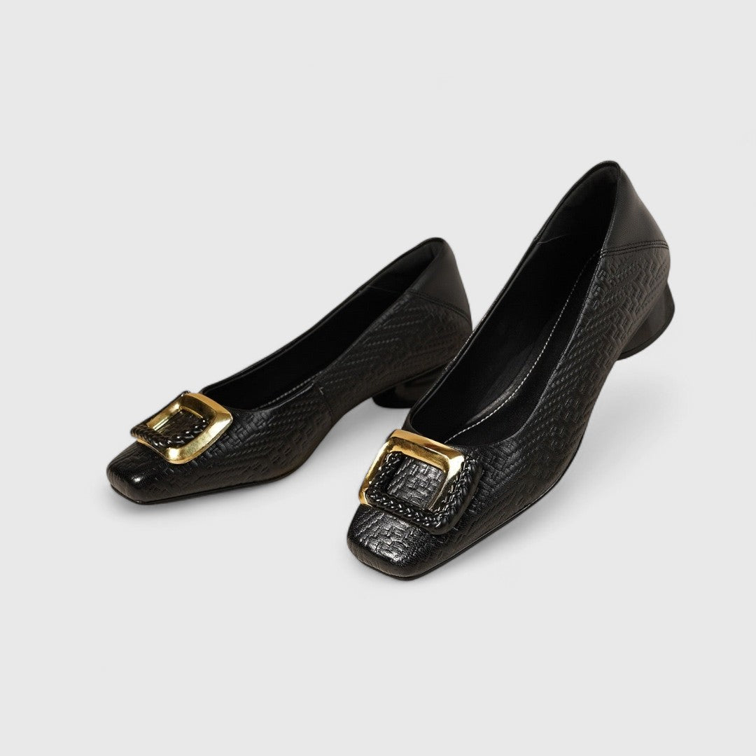 Women’s Square-Toe Low Heels – Textured Finish with Gold Buckle Detail 0