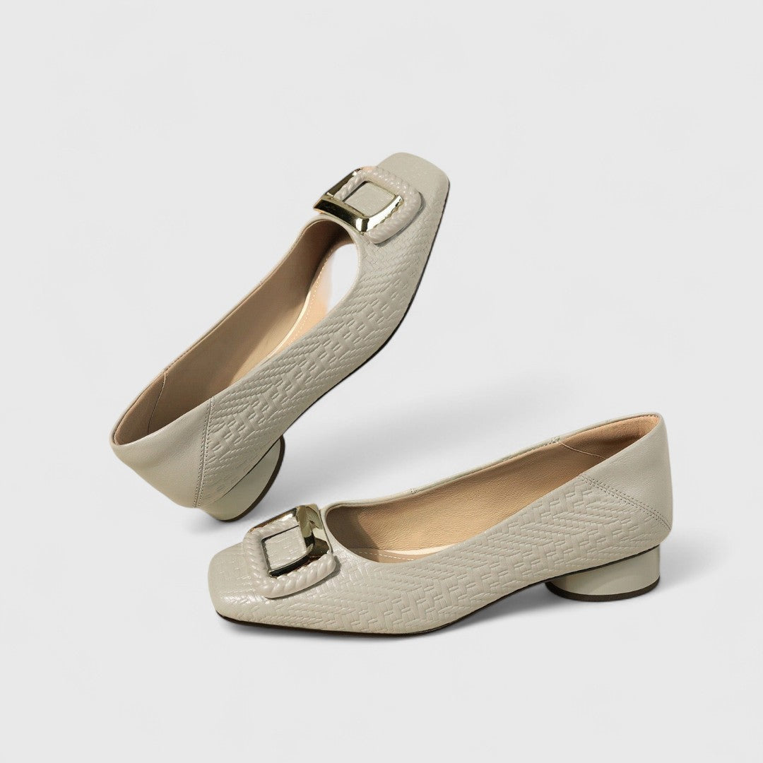 Women’s Square-Toe Low Heels – Textured Finish with Gold Buckle Detail 2