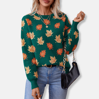 Women’s Sweater – Relaxed Fit – Jacquard Knit – Maple Leaf Pattern – Ribbed Trim 0