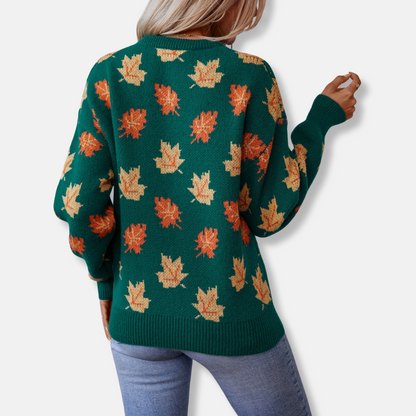 Women’s Sweater – Relaxed Fit – Jacquard Knit – Maple Leaf Pattern – Ribbed Trim 1