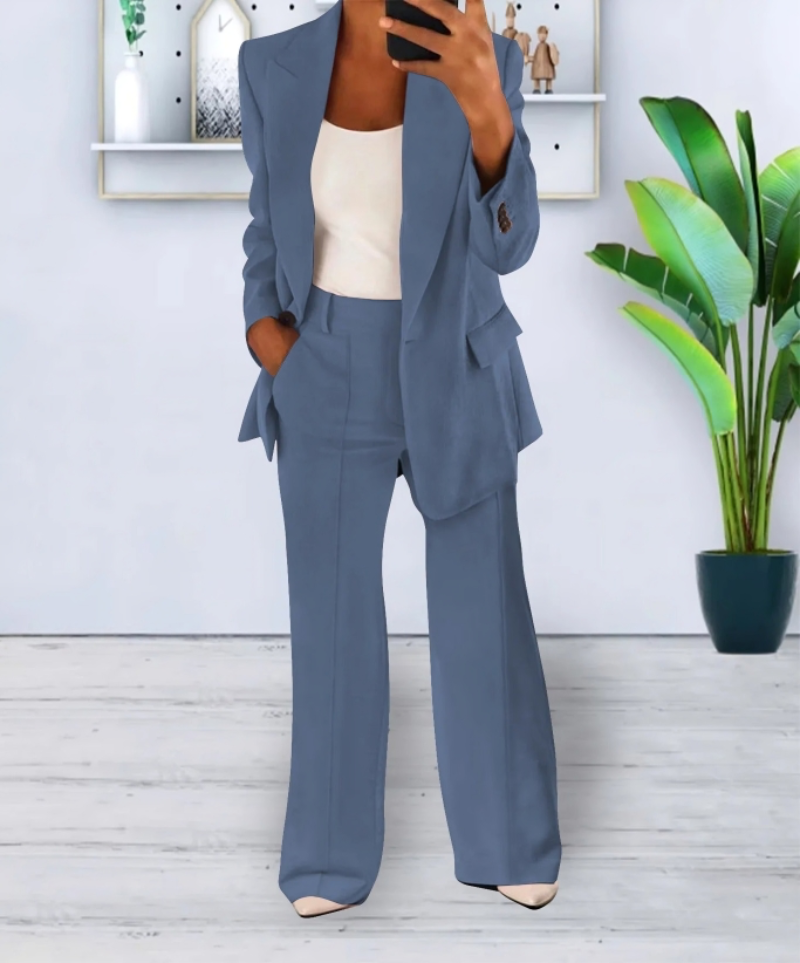 Ladies Business Pantsuit with Jacket and Wide Leg Pants - BritishElegance