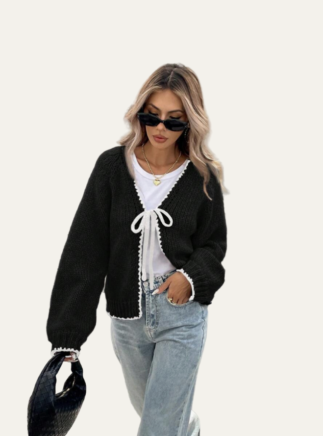 Women’s Tie-Front Cardigan – Cropped Knit Layer with Contrast Trim 1