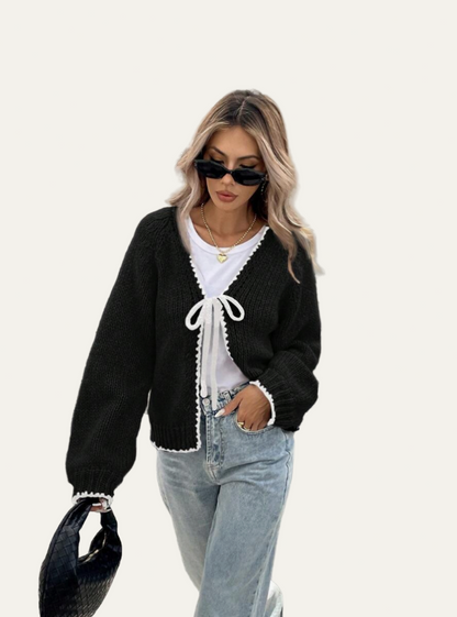 Women’s Tie-Front Cardigan – Cropped Knit Layer with Contrast Trim 1