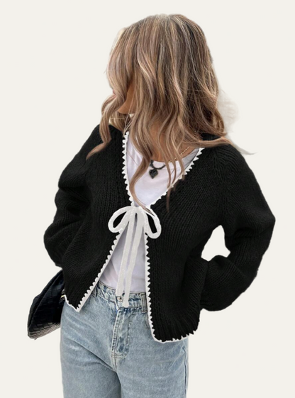 Women’s Tie-Front Cardigan – Cropped Knit Layer with Contrast Trim 2